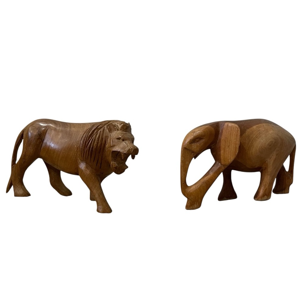 Vintage Set Of 2 Wooden Carved Roaring Lion & Elephant